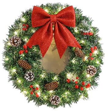 LRUPVEG Christmas Wreath Front Door Wreath - 24 Inch Pre-Lit Outdoor Wreath For Front Door, Christmas Decoration Christmas Wall Wreath Outside(50cm)