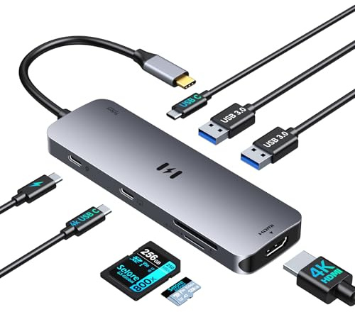 Estación de carga USB C 2 monitores, 8 en 1 para ordenador portátil con 4 K HDMI, carga PD de 100 W, vídeo USB-C, 3 USBC/A 3.0, lector de tarjetas, adaptador multipuerto USB C Hub para HP/Dell/ASUS