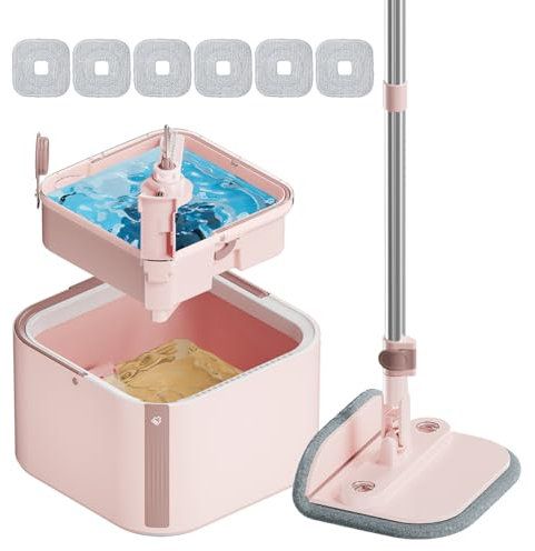INWEJIA Trapeador giratorio autónomo y cubo separado para agua sucia y limpia, cubo desmontable con cepillo oculto con fregona reemplazable (fregona rosa y cubo, 6 almohadillas)
