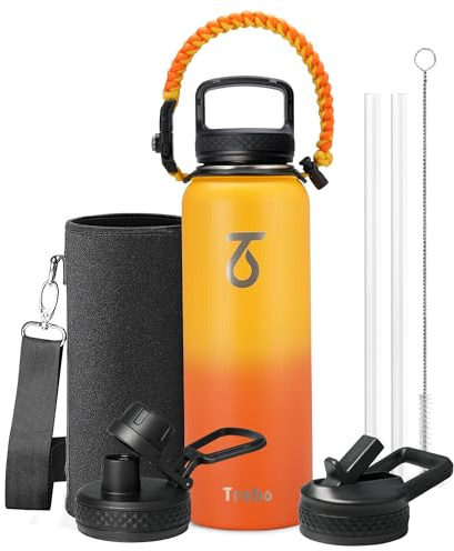 Trebo Water Bottle 1.2 L Stainless Steel with Paracord Handle & 3 Lids | Large Vacuum Triple Wall Metal Flask Insulated with Carry Pouch, Strap, Dishwash safe, Cold 48 Hrs, Wide Mouth, Leakproof