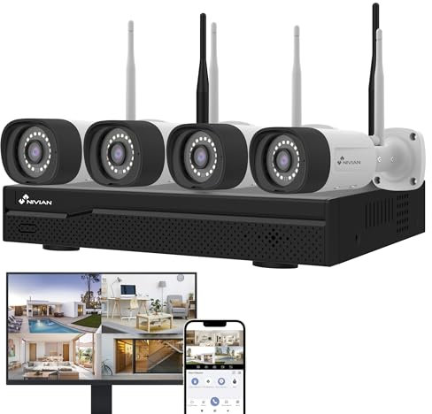 NIVIAN Kit Camaras de Vigilancia Profesional WiFi SuperHD con 4 Cámaras IP y Grabador 16CH - para Casas y Negocios - Visión Nocturna, Detección Humana IA, Audio Bidireccional, Fácil Instalación