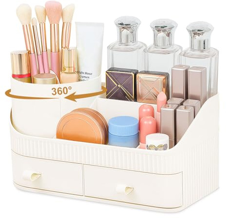 Vlecexs Make Up Kosmetik Organizer, 360° Drehbarer Pinsel Organizer mit Schubladen, Multifunktion Schminktisch Organizer, Beauty Organizer Kosmetikaufbewahrung für Frisiertisch Schlafzimmer Badezimmer