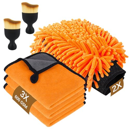 Geebymol 7 Pcs Car Washing Kit with 3 Pack Microfibre Cleaning Cloth, 2 Microfiber Wash Mitts, 2 Dusting Brushes, Dual-Sided Ultra Soft Drying Towels and Gloves for Car Care, Polishing, Drying, 600GSM