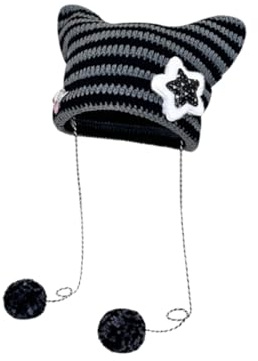 OIXYEY Y2K Beanie für Frauen, Fairy Grunge Strickmütze im Katze-im-Hut-Design, Slouchy Beanies für Winter, Weihnachten, Festival, als Trendige Geschenkidee (Schwarz und Grau)