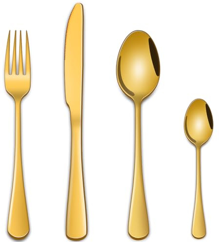 Gold 16-Piece Cutlery Sets,Stainless Steel Silverware Sets Service for 4,Includes Knife Spoon and Fork Utensils Sets for Kitchen,Mirror Polishing Tableware Sets