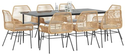 QJBSAVVA 9-teiliges Gartenmöbel Set 200x100 cm mit 8 Gartenstühlen und Stuhlkissen aus Poly Rattan und Glas Tischplatte Modernes Design Robust und Langlebig für Balkon Terrasse und Garten