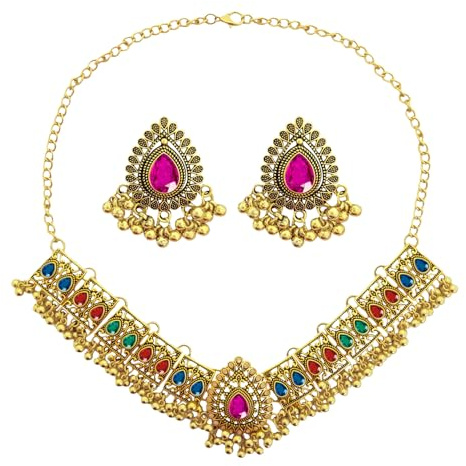 VLYX Juego de Joyas Tradicionales Indias para Mujer, Collar y Pendientes Jhumka para Vestidos de Boda y Fiesta (Colorido)