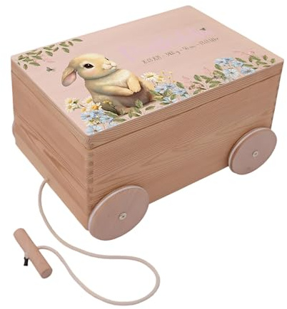 Kidsmood - Spielzeugwagen, personalisiert mit Namen – Spielzeugkiste zum Ziehen, Holzkiste mit Deckel, Aufbewahrungsbox für Baby Spielzeuge, Tolle Erinnerungskiste Baby, Geschenk zur Geburt & Taufe