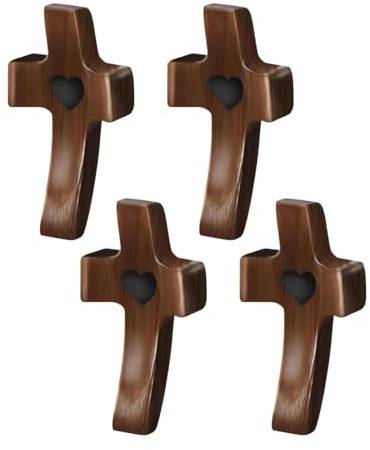 AJKQNMA 4 Stück Geschnitzte Holzkreuz mit Herzen, Handschmeichler Kreuz aus Naturholz, Handgeschnitztes Liebeskreuz für Christliches Geschenk, 5cm Holzkreuz Klein für Andachtsgebete Taufe Kommunion