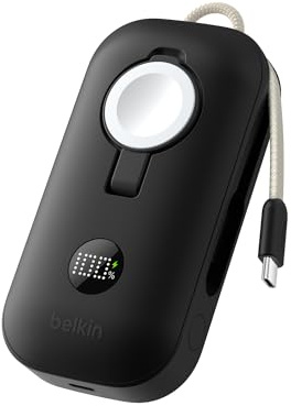 Belkin BoostCharge Pro 10000mAh Power Bank with Apple Watch Charger, Portable Charger with Integrated Braided USB C Cable and Digital Display, 45W, Battery Pack for Charging 3-Devices - Black