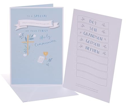 UK Greetings | First Communion Card with Personalisable Recipient Stickers | Congratulations Card | Her/Him | Greeting Card | 13.7 x 21cm