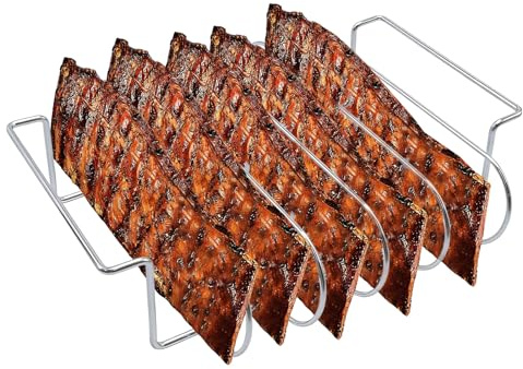 Ollanoos Edelstahl Rippchenhalter, Vielseitiger Halter für 5 Spare Ribs, Geschirrspülerfest für Gas- und Holzkohlegrills (33 x 29 x 8 cm)
