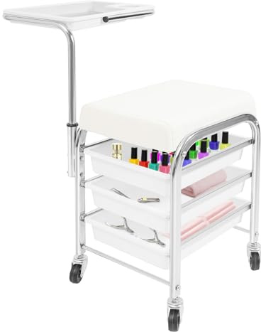 Carrello per manicure, pedicure portatile, con 3 cassetti, seduta imbottita e vassoio regolabile, trolley per manicure e pedicure, bianco