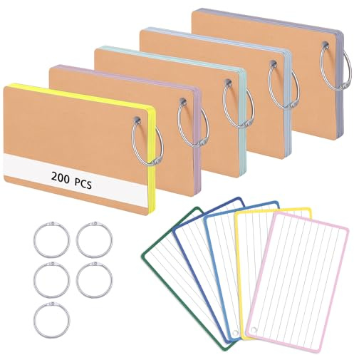 Flash Cards, 200 Pcs Colored A7 Index Cards 3x5 in Ruled Revision Card | Includes 5 Binder Ring & 10 Kraft Paper, 5 Colors, Flashcards for Study Notes, Lists, Recipes, School, Office, Home