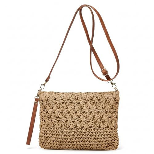 Bolso de paja, bolso de playa de paja para mujer, bolsos cruzados de rafia con patrón de arroz hueco tejido a mano, doble correa, ratán de playa de verano, marrón