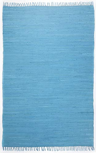 Theko | Dhurry Teppich aus 100% Baumwolle Flachgewebe Teppich Happy Cotton | handgewebt | Farbe: Türkis | 70x140 cm