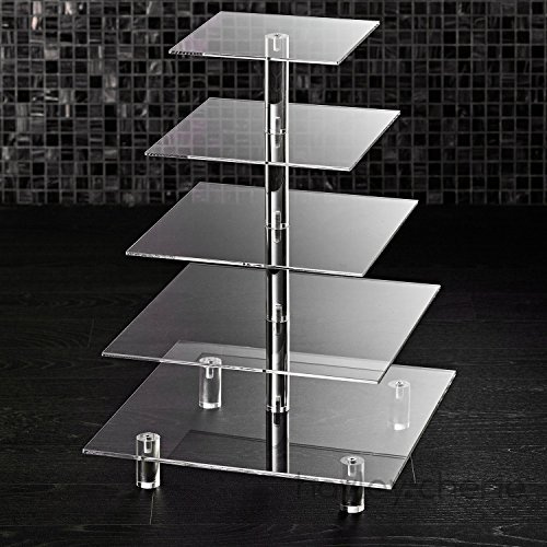 5 Tier Acrylic Cupcake Stand, Extra Thick 5mm Base, Multi Tiered Cake Stand | Large Cupcake Tower, Square Clear Holder for Dessert Table Display, Weddings, Birthday Party, Graduation, Pastry, Donut Tree