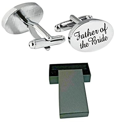 Virens Empourium Men's Wedding Cufflinks BOXED SILVER OVAL Cufflink, Groom Best Man Usher Page Boy and Many More Titles, Gift Box with Every Pair of Cuff Link (FATHER OF THE BRIDE)
