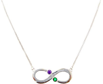 Infinity Halskette, 2 Namen graviert, 925 Sterling Silber, 40 cm | Farbigen Monatskristallen nach Wahl, Geburtsstein, Kindernamen oder Liebespaare