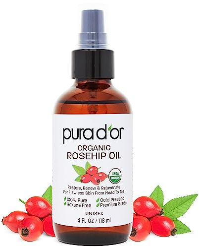 PURA D'OR Rosehip Seed Oil 100% Pure & USDA Organic For Face, Hair, Skin & Nails, 4 Fluid Ounce by PURA D'OR