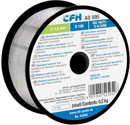 CFH Aluminium-Schweißdraht Ø 1,0 mm AD 595 – 0,5 kg Spule, D 100, MIG/MAG Schweißdraht für Aluminium-Magnesium-Legierungen, zum Schutzgasschweißen, AlMg5Cr(A), ISO 18273 – S Al 5356