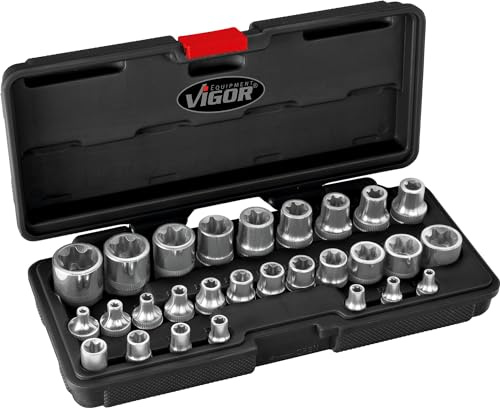ViGOR T Steckschlüsseleinsatz Satz V2687 I 28-Teiliger Satz I Antrieb: 1/4, 3/8 und 1/2 Zoll I Abtrieb: Außen TORX Profil I Vielseitiges Set