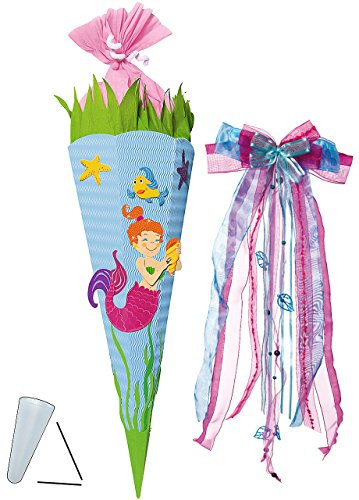 alles-meine.de GmbH BASTELSET Schultüte - Nixe - Meerjungfrau & Fische - 85 cm - incl. großer Schleife - mit/ohne Kunststoff Spitze - Zuckertüte - Set zum selber Basteln - ..