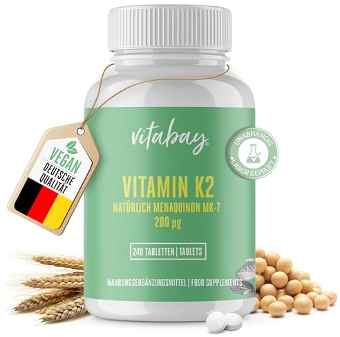 Vitabay Vitamin K2 200μg - 240 Tablets of Vitamin K2 MK7 from Japanese Natto Beans - Vegan Menaquinone-7 All Trans Form - Highly-dosed and Bioavailable Supplement - Laboratory Tested