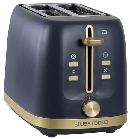 West Bend Timeless 2-Slice Toaster with 7 Browning Levels, Bagel/Waffle/Defrost Settings, High-Lift Lever, Anti-Jam, Easy-Clean Crumb Tray, 2-Slice, Blue/Gold