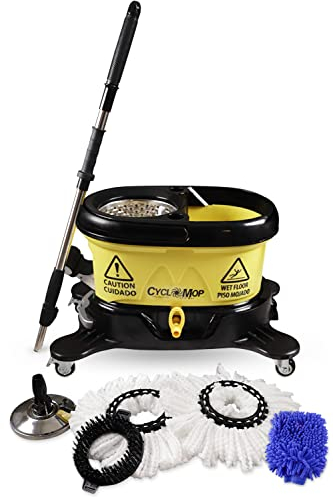 Cyclomop Set di mocio industriale resistente e secchio con strizzatore, testa in panno in microfibra, manico regolabile, spinner in acciaio inox, logo di attenzione sul pavimento bagnato, pulizia