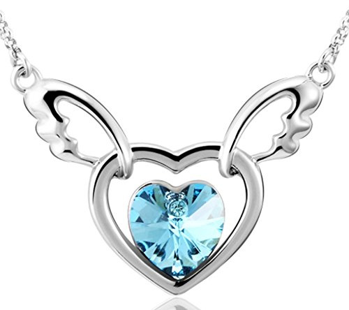 Unendlich U Kristall Versilbert Hohl Doppel Herz Engel Flügel Love Halskette Anhänger für Damen Mädchen Paar Liebhaber-Blau