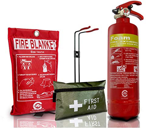 FSS UK Plus FIRE Safety Pack. 1 Litre Foam Extinguisher + FIRE Blanket with Essential 1ST AID KIT. CE Marked. 1ST AID KIT