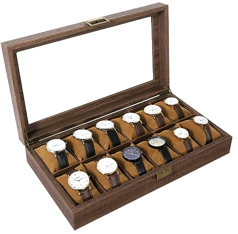 Uten Boîte à Montres avec 12 Compartiments, Vitrine de Montres, Boîte de Rangement pour Montres avec Coussin Amovible, Grain de Bois