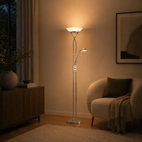 Lightbox LED Deckenfluter mit warmweißem Licht - Stehleuchte mit | LED Deckenfluter mit warmweißem Licht - Stehleuchte mit einstellbarem Lesearm und Drehdimmer - Metall/Glas Eisen/Weiß - Höhe