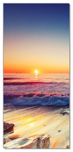 Wallario Selbstklebende Türtapete Sonnenuntergang am Meer mit Wellen am Strand - Türposter 93 x 205 cm Abwischbar, rückstandsfrei zu entfernen