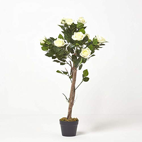 HOMESCAPES Kunstbaum Kunstpflanze Weiße Rosen Rosenbaum 90 cm hoch