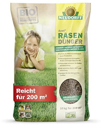 Neudorff Azet RasenDünger – Bio Rasendünger für 200 m² sorgt für eine dichte, grüne und strapazierfähige Rasenfläche mit 6 Monaten Langzeitwirkung, 10 kg