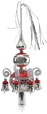 Doppelspitze mit Glöckchen Silber rot, umsponnen L ca. 33cm d(Kugeln) 6/8cm Christbaumschmuck Weihnachtsbaumschmuck mundgeblasen,handdekoriert,Leonischer Draht Lauschaer Glas das Original