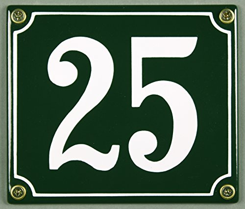 Emaille Hausnummernschild - Wählen Sie Ihre Nummer - Zahlen 1 bis 30 verfügbar - grün/weiß 12x12 cm und 12x14cm - sofort lieferbar! Hausnummer Schild wetterfest und lichtecht (25 grün/weiß 12x14cm)