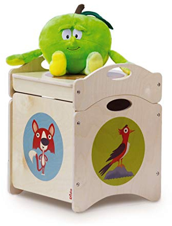 Dida - I Troncotti, Pouf Contenitore Portagiochi e Seduta per Bambini, Cubo in Legno con Ruote e Coperchio Sovrapponibili, Motivi Animali del Bosco: Volpi, Picchio e Talpa, Ideale per Camerette