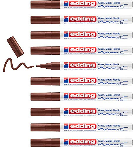 edding 751 Glanzlackmarker - braun - 10 Lackmarker - Rundspitze 1-2 mm - Lackstift für Glas, Stein, Holz, Kunststoff und Papier - wasserfest, stark deckend