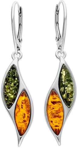 Örhängen i bärnsten sterlingsilver – ovanlig blandad orange gul och grön bärnsten fin hängande droppe. 070029, Sterlingsilver, äkta blandad baltisk bärnsten, Bärnsten