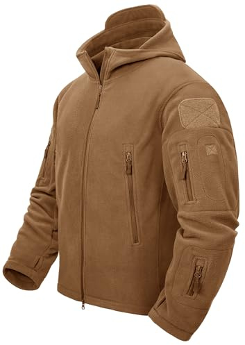 TACVASEN Giubbotto Invernale Uomo Giacca Pile Uomo Con Cappuccio Giacche Trekking Antivento Outdoor Giaccone Militare Pile da Lavoro Jacket Cachi, L