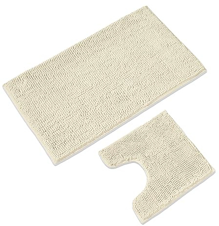 WohnDirect Badematten & Badteppiche Set 2 teilig Creme • WC Vorleger mit Ausschnitt 45x45cm + Badematte rutschfest 50x80cm • Badvorleger frottee waschbar • Badezimmerteppich ÖkoTex • Bath mat