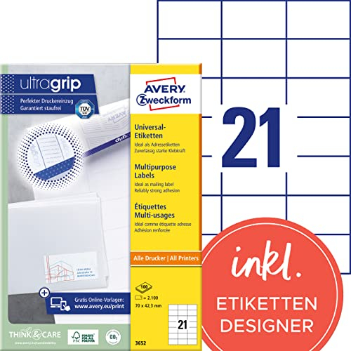 AVERY Zweckform 3652 Adressaufkleber (2.100 Klebeetiketten, 70x42,3mm auf A4, Papier matt, bedruckbare Absenderetiketten, selbstklebende Adressetiketten mit ultragrip) 100 Blatt, weiß
