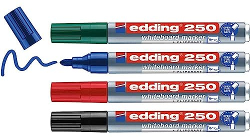 edding 250 Whiteboardmarker Set - bunte Farben - 4 Whiteboard Stifte - Rundspitze 1,5-3 mm - Boardmarker abwischbar - für Whiteboard, Flipchart, Magnettafel, Memoboard - Sketchnotes - nachfüllbar