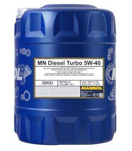 MANNOL 7904 Diesel Turbo Motoröl 5W-40, synthetisch für Turbodiesel, 20L | Erfüllt ACEA A3/B4, API CI-4/SN, MB 229.3/5, VW 502 00/505 00, Ester-Technologie schützt vor Verschleiß und Reibung