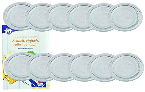 MamboCat WECK 12er Set Ersatz-Glasdeckel für Rundrandglas 100 mm, Glasdeckel, Ersatzdeckel, Ersatzglas, Glasauflage transparent, passend für WECK-Rundrandgläser RR100 incl. Gelierzauber Rezeptheft