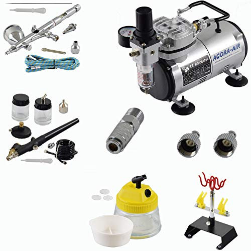 Agora-Tec® Airbrush Komplett-Set EXPERT VI.3, inkl. Kompressor mit 4 bar und 20l/min + 2-Schnellkupplungen + 4fach-Halter + Clean-Pot + 1 Schlauch + Adapter