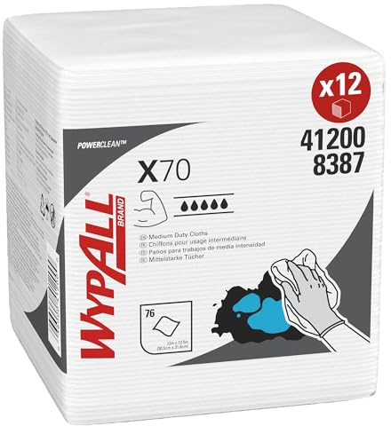 WypAll PowerClean X70 Cloths Medium Duty Wipes (41200), Quarterfold, Long Lasting Towels, White (12 Packs of 76 Sheets, 912 Sheet Total)